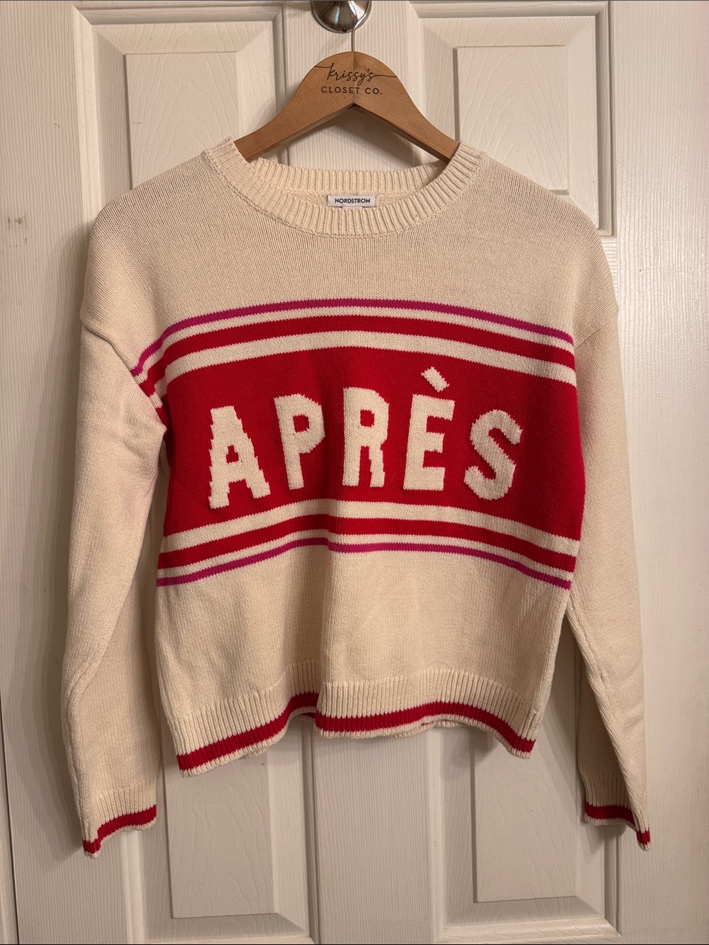 Nordstrom Cream Sweater with Red Panel and Pink Stripes